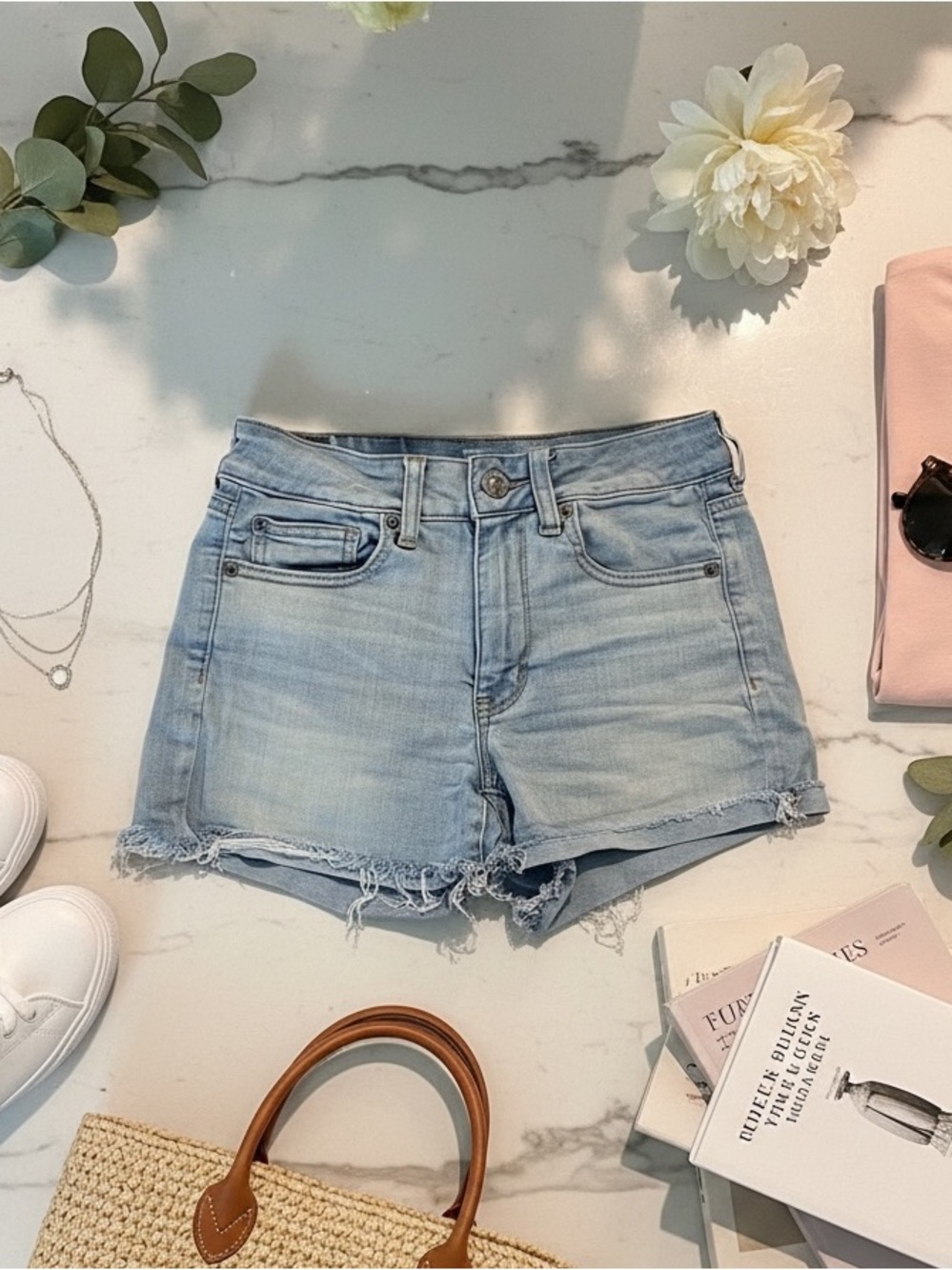 American Eagle Outfitters Light Blue Super Stretch Denim Cutoff Shorts